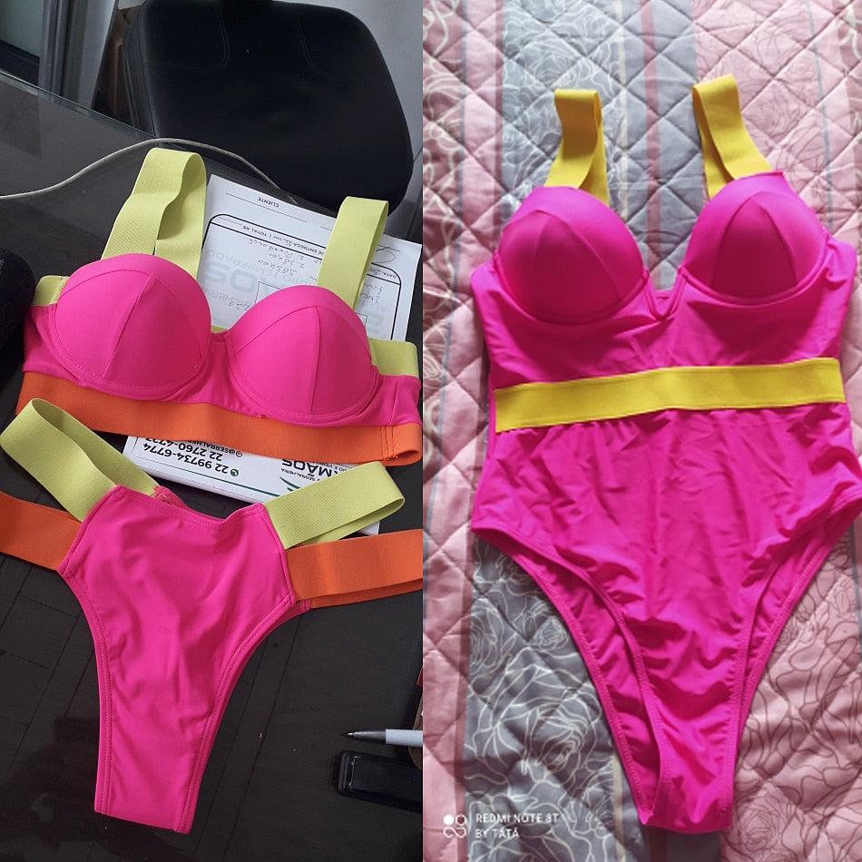 Women Push Up Bikini Women Neon Bandage Swimwear Women Patchwork Bikini Swimsuit 2 Piece  Cutout Molded Push Up Bathing Suit Ruffle Hook Closure Bikini Set Two Piece Bathing Suit Stevvex