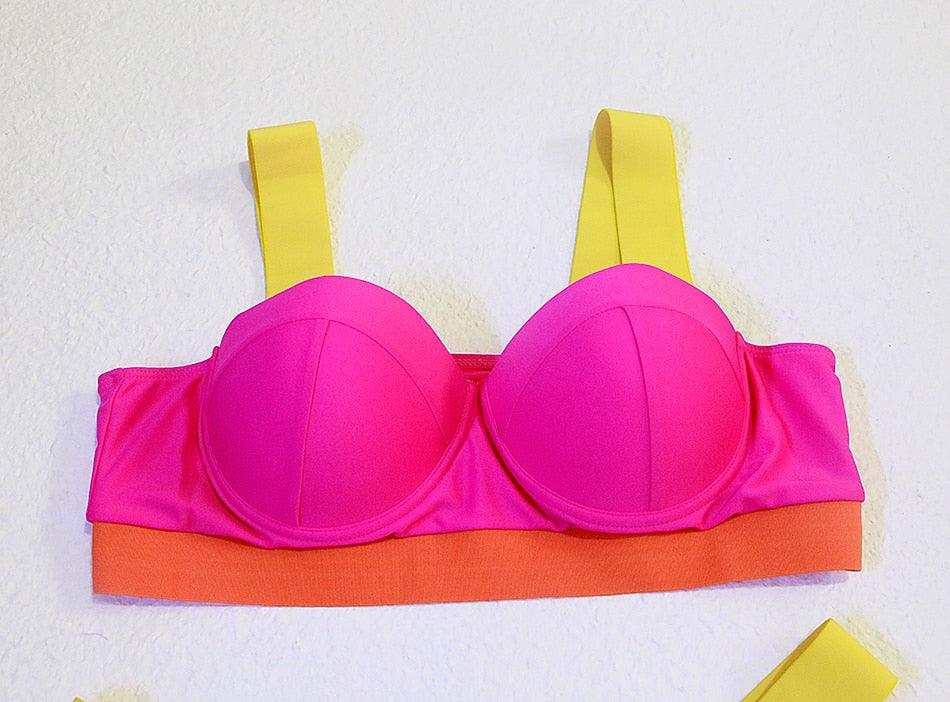 Women Push Up Bikini Women Neon Bandage Swimwear Women Patchwork Bikini Swimsuit 2 Piece  Cutout Molded Push Up Bathing Suit Ruffle Hook Closure Bikini Set Two Piece Bathing Suit Stevvex