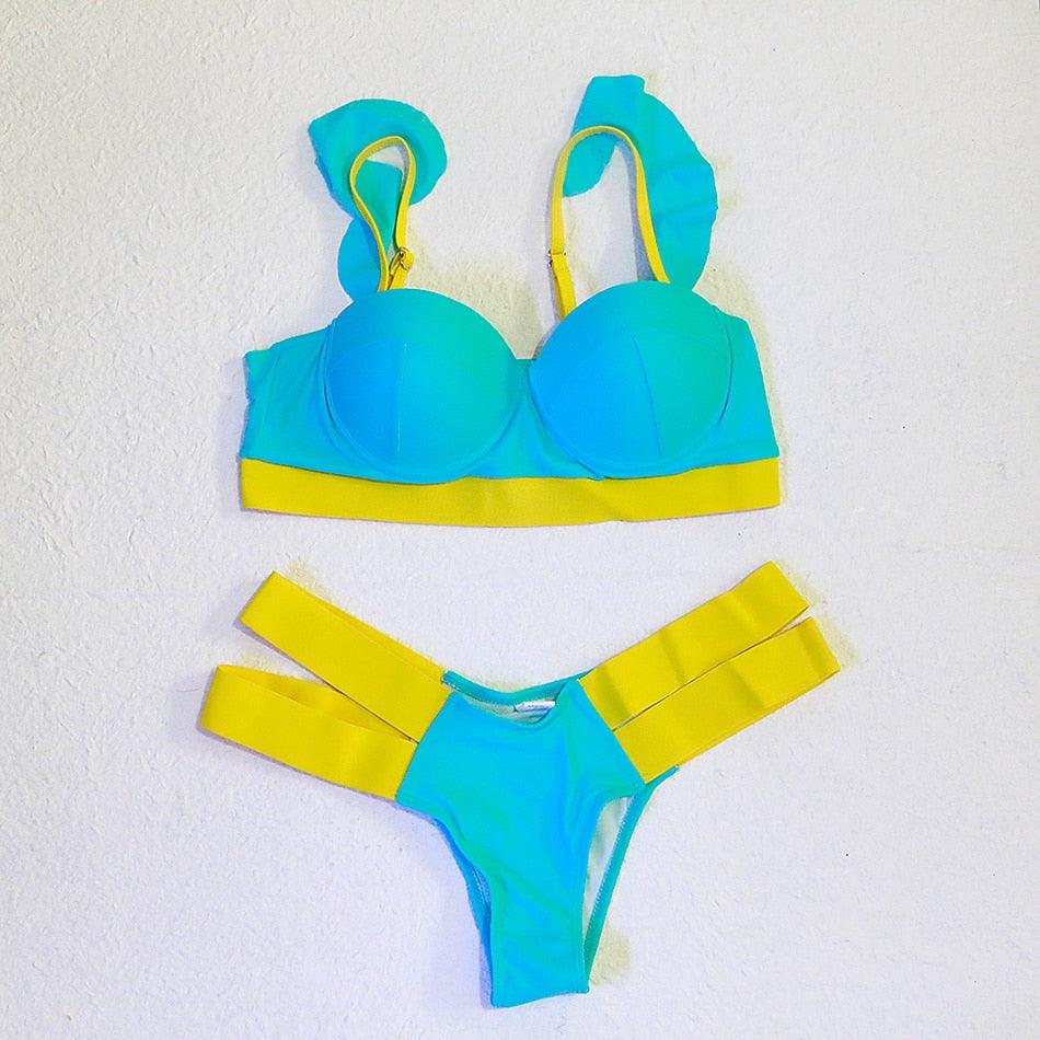 Women Push Up Bikini Women Neon Bandage Swimwear Women Patchwork Bikini Swimsuit 2 Piece  Cutout Molded Push Up Bathing Suit Ruffle Hook Closure Bikini Set Two Piece Bathing Suit Stevvex