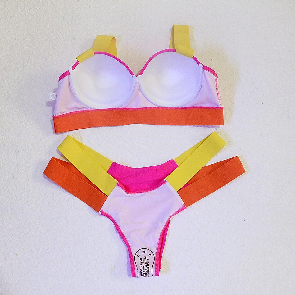 Women Push Up Bikini Women Neon Bandage Swimwear Women Patchwork Bikini Swimsuit 2 Piece  Cutout Molded Push Up Bathing Suit Ruffle Hook Closure Bikini Set Two Piece Bathing Suit Stevvex