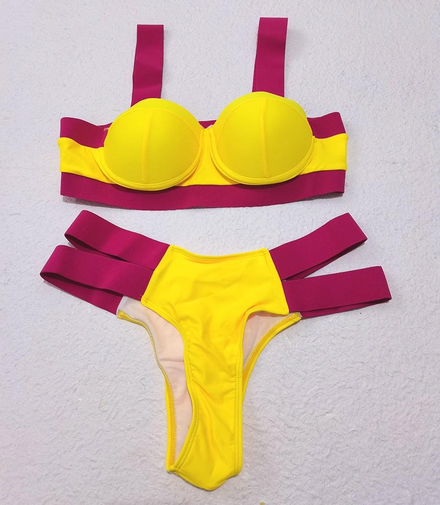 Women Push Up Bikini Women Neon Bandage Swimwear Women Patchwork Bikini Swimsuit 2 Piece  Cutout Molded Push Up Bathing Suit Ruffle Hook Closure Bikini Set Two Piece Bathing Suit Stevvex