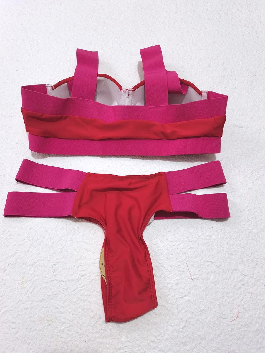 Women Push Up Bikini Women Neon Bandage Swimwear Women Patchwork Bikini Swimsuit 2 Piece  Cutout Molded Push Up Bathing Suit Ruffle Hook Closure Bikini Set Two Piece Bathing Suit Stevvex
