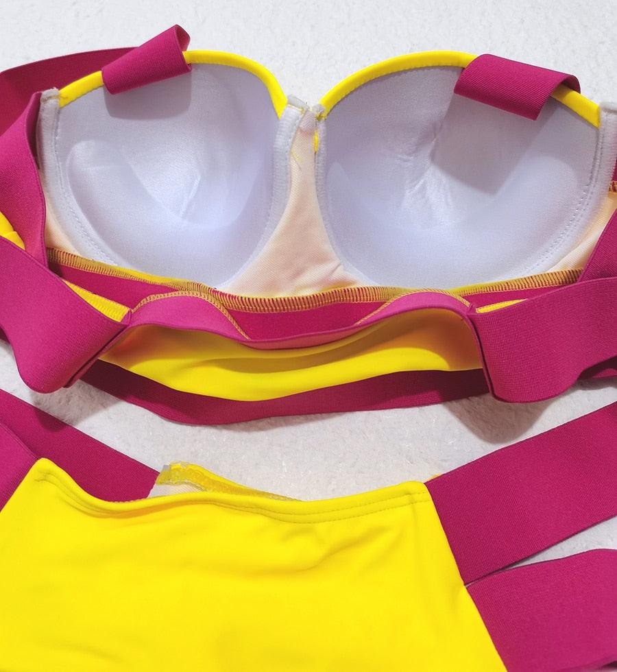 Women Push Up Bikini Women Neon Bandage Swimwear Women Patchwork Bikini Swimsuit 2 Piece  Cutout Molded Push Up Bathing Suit Ruffle Hook Closure Bikini Set Two Piece Bathing Suit Stevvex