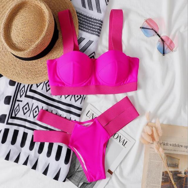 Women Push Up Bikini Women Neon Bandage Swimwear Women Patchwork Bikini Swimsuit 2 Piece  Cutout Molded Push Up Bathing Suit Ruffle Hook Closure Bikini Set Two Piece Bathing Suit Stevvex