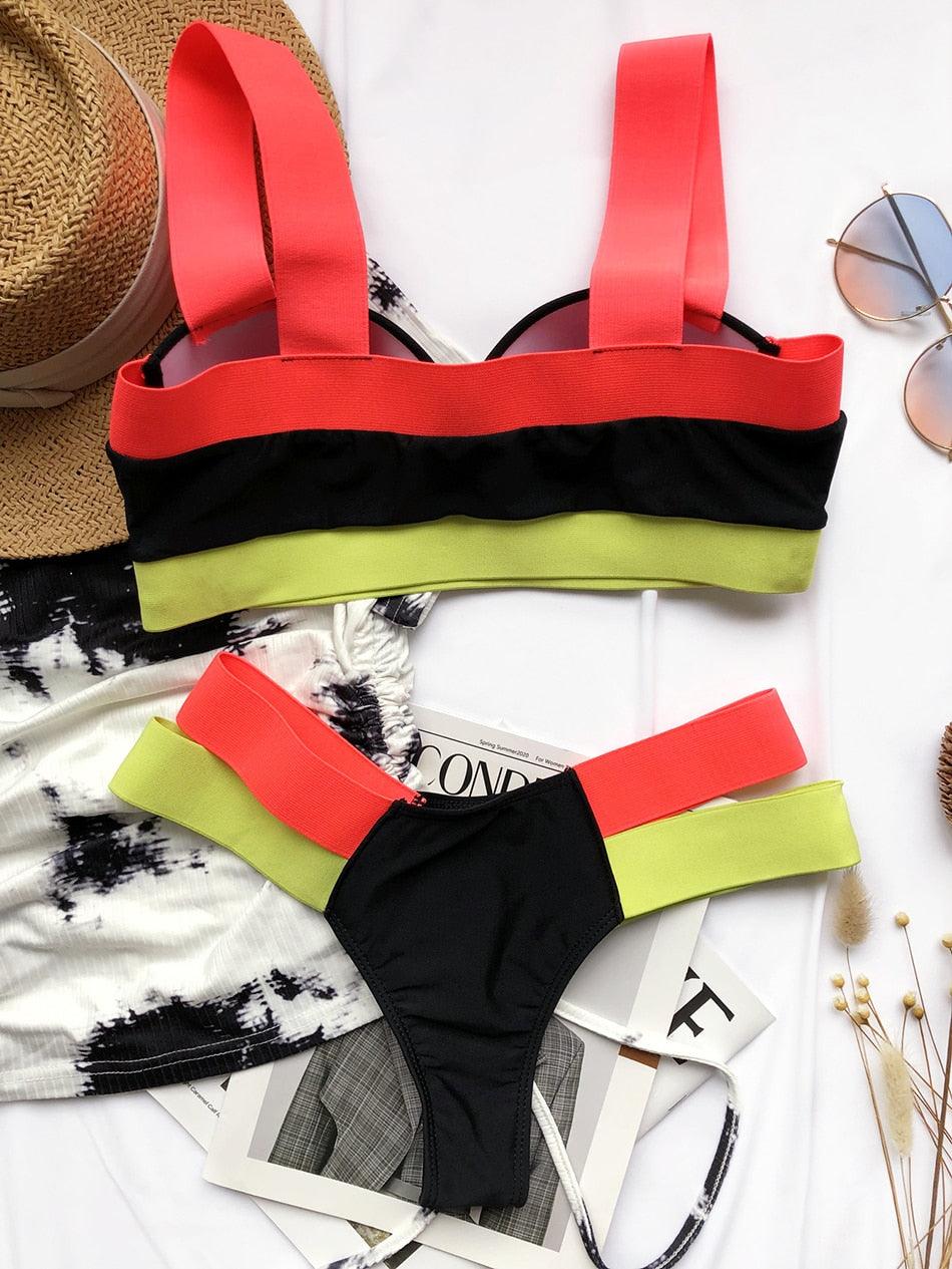 Women Push Up Bikini Women Neon Bandage Swimwear Women Patchwork Bikini Swimsuit 2 Piece  Cutout Molded Push Up Bathing Suit Ruffle Hook Closure Bikini Set Two Piece Bathing Suit Stevvex