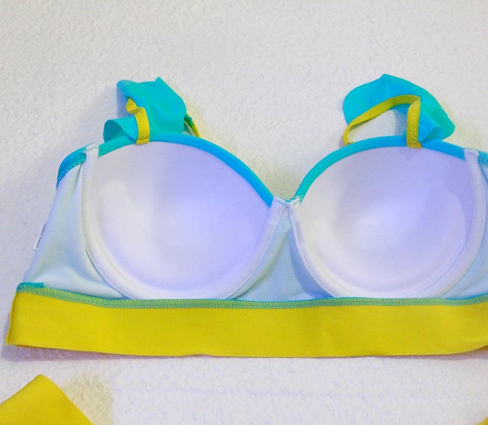 Women Push Up Bikini Women Neon Bandage Swimwear Women Patchwork Bikini Swimsuit 2 Piece  Cutout Molded Push Up Bathing Suit Ruffle Hook Closure Bikini Set Two Piece Bathing Suit Stevvex
