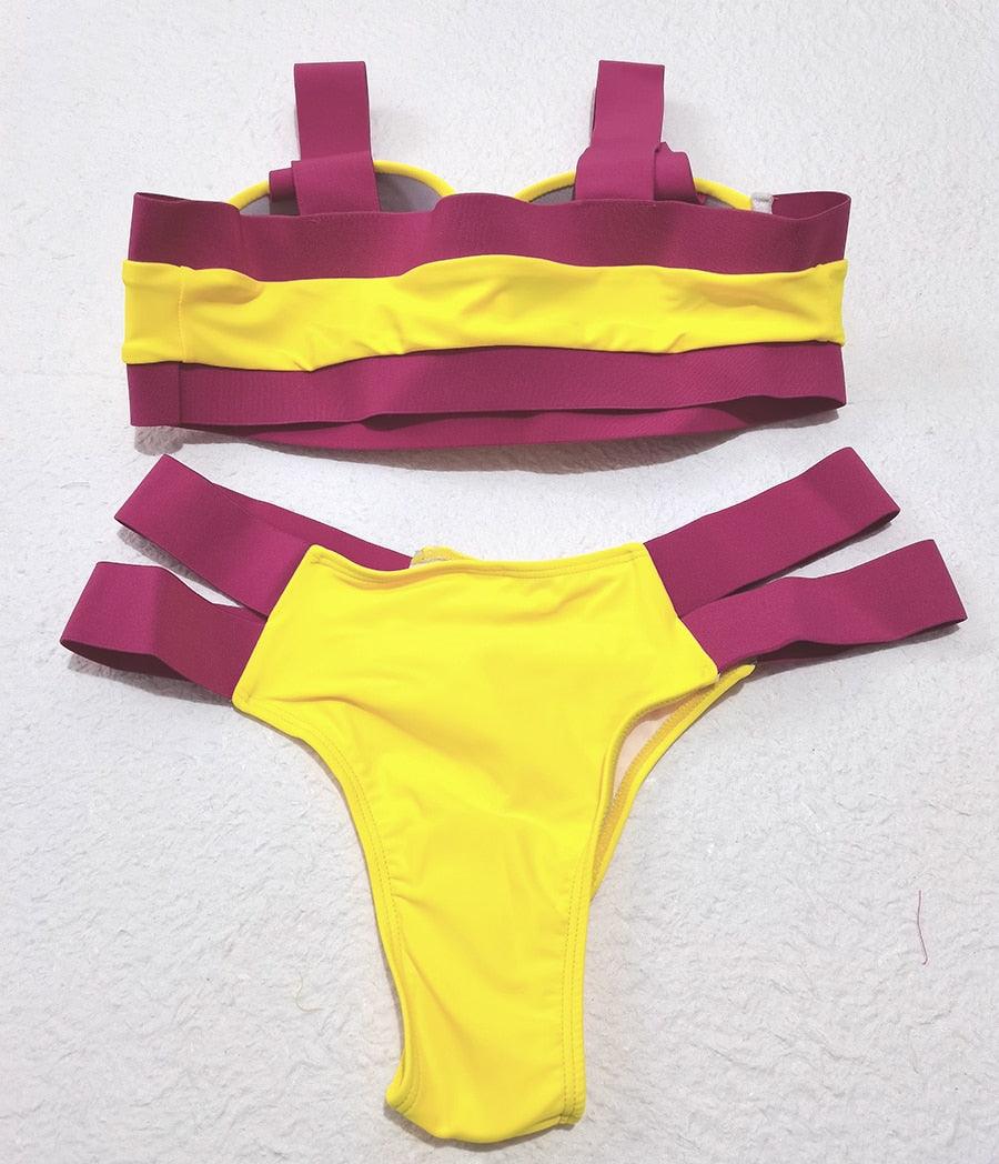 Women Push Up Bikini Women Neon Bandage Swimwear Women Patchwork Bikini Swimsuit 2 Piece  Cutout Molded Push Up Bathing Suit Ruffle Hook Closure Bikini Set Two Piece Bathing Suit Stevvex