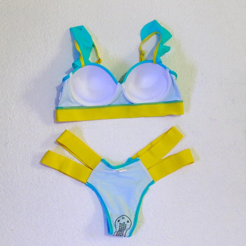 Women Push Up Bikini Women Neon Bandage Swimwear Women Patchwork Bikini Swimsuit 2 Piece  Cutout Molded Push Up Bathing Suit Ruffle Hook Closure Bikini Set Two Piece Bathing Suit Stevvex