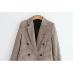 Women's Fashionable Office Wear Double Breasted Plaid Blazer Coat Vintage Long Sleeve Pockets Female Outerwear Chic Tops