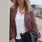 Women's Fashionable Office Wear Double Breasted Plaid Blazer Coat Vintage Long Sleeve Pockets Female Outerwear Chic Tops