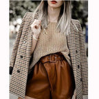 Women's Fashionable Office Wear Double Breasted Plaid Blazer Coat Vintage Long Sleeve Pockets Female Outerwear Chic Tops