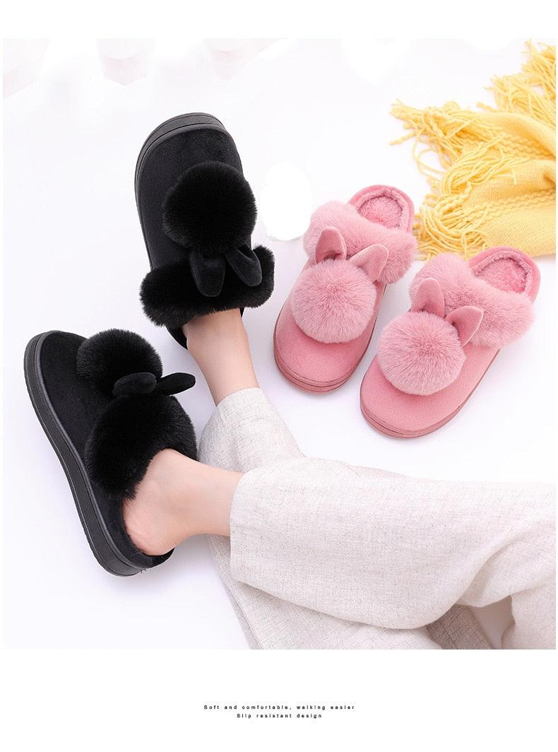 Women's Shoes Rabbit Ear Floor Indoor Cotton Slippers Winter Autumn Shoes Women Non-Slip Thick Bottom House Animal Slippers For Women Mens Winter Warm Memory Foam Cartoon Home Slippers Stevvex