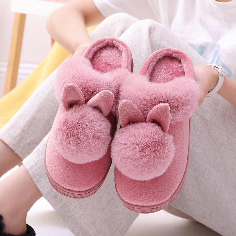 Women's Shoes Rabbit Ear Floor Indoor Cotton Slippers Winter Autumn Shoes Women Non-Slip Thick Bottom House Animal Slippers For Women Mens Winter Warm Memory Foam Cartoon Home Slippers Stevvex
