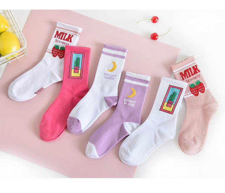 Women's Socks Combed Out Of Pure Cotton Colorful Cartoon Cute Funny Happy Kawaii Moon Strawberry Cactus Ankle Socks For Men And Women Stevvex