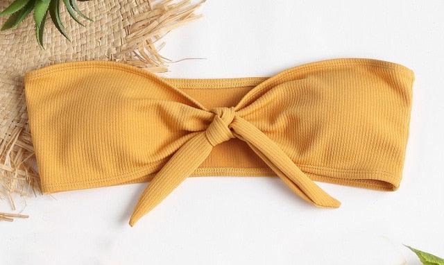 Women's Strapless Bowknot Split Bikini Swimsuit Swimming Suit For Women Women's Tie Knot Front Solid Color Bikini Set Swimsuit Bathing Suits High Cut Bikini Set Strapless Solid Color 2 Pieces Bathing Suit Stevvex