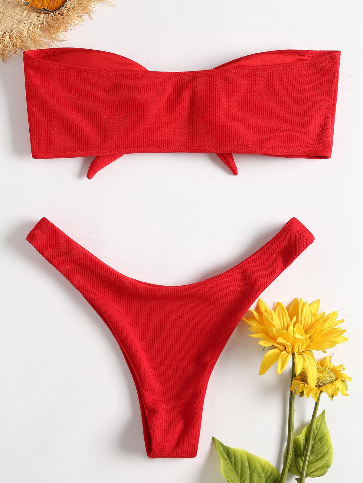 Women's Strapless Bowknot Split Bikini Swimsuit Swimming Suit For Women Women's Tie Knot Front Solid Color Bikini Set Swimsuit Bathing Suits High Cut Bikini Set Strapless Solid Color 2 Pieces Bathing Suit Stevvex