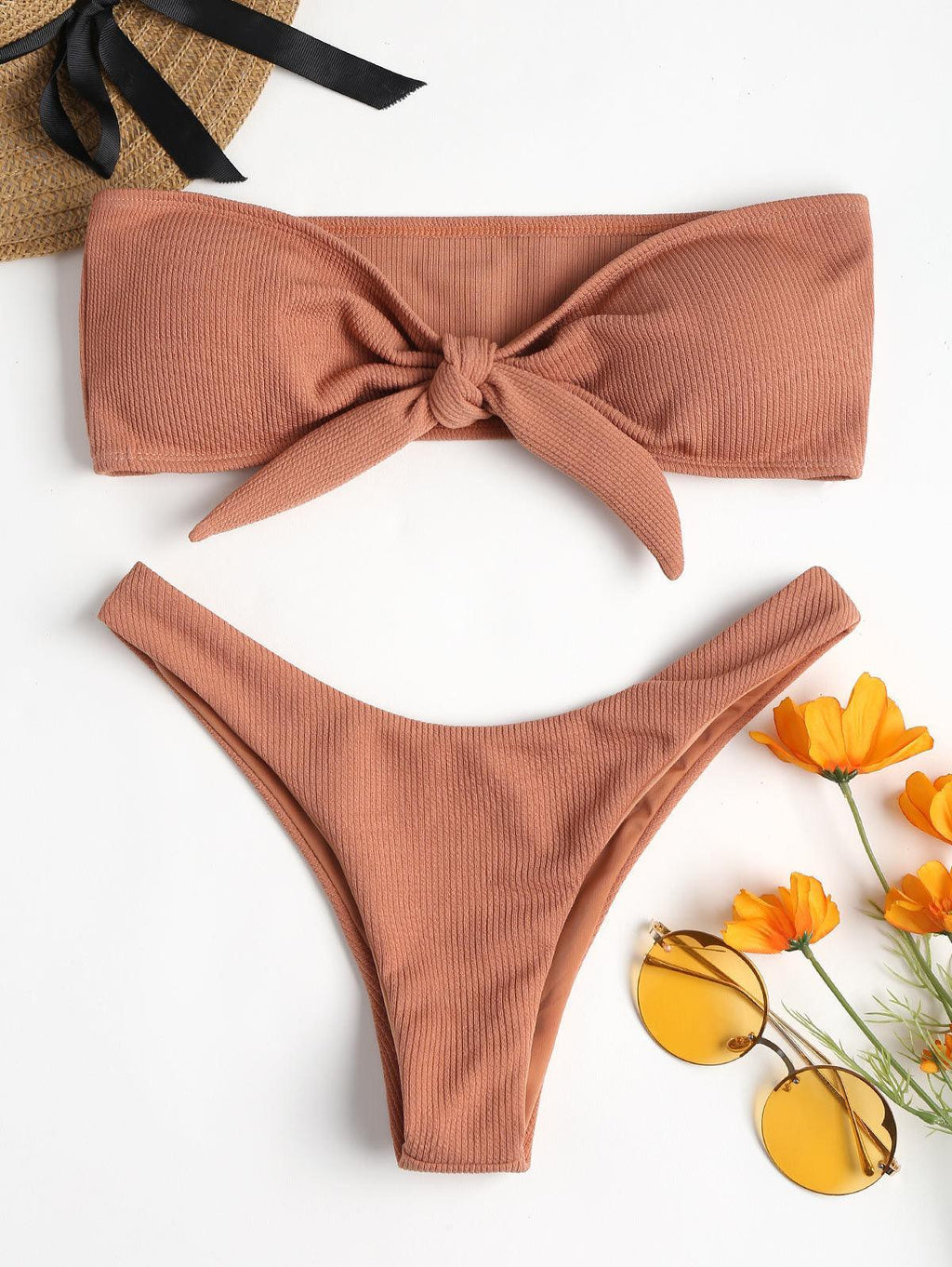Women's Strapless Bowknot Split Bikini Swimsuit Swimming Suit For Women Women's Tie Knot Front Solid Color Bikini Set Swimsuit Bathing Suits High Cut Bikini Set Strapless Solid Color 2 Pieces Bathing Suit Stevvex