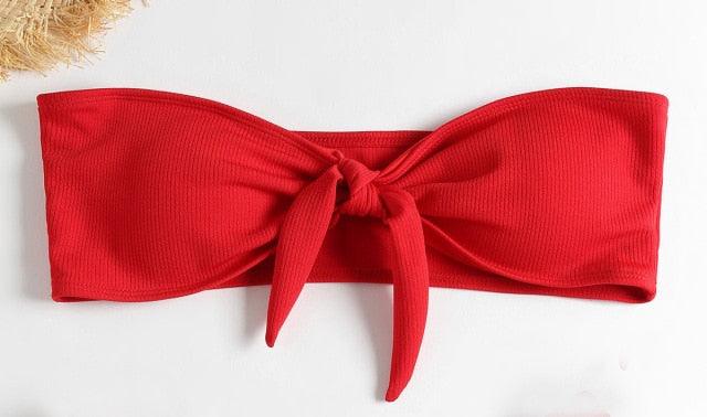 Women's Strapless Bowknot Split Bikini Swimsuit Swimming Suit For Women Women's Tie Knot Front Solid Color Bikini Set Swimsuit Bathing Suits High Cut Bikini Set Strapless Solid Color 2 Pieces Bathing Suit Stevvex