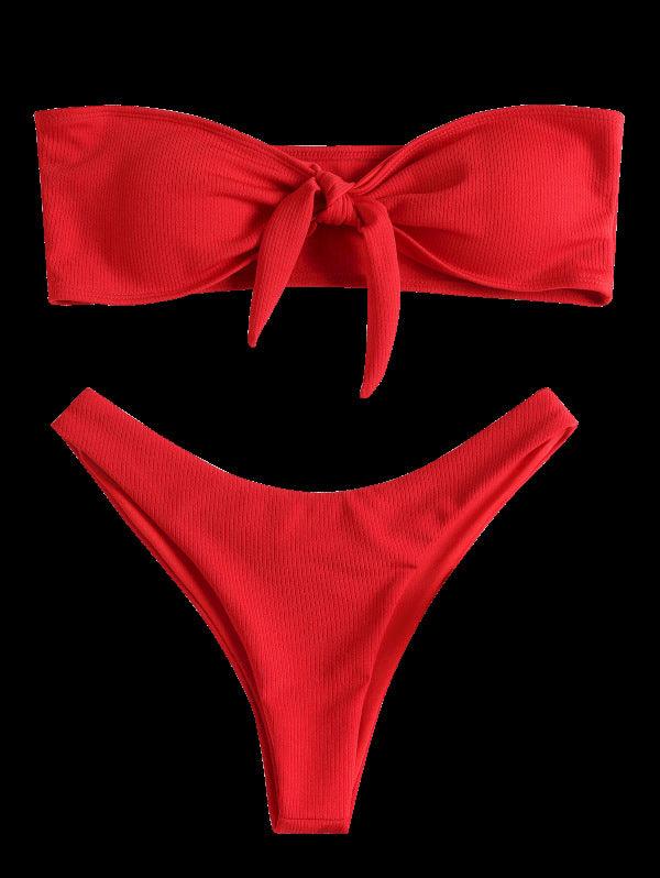 Women's Strapless Bowknot Split Bikini Swimsuit Swimming Suit For Women Women's Tie Knot Front Solid Color Bikini Set Swimsuit Bathing Suits High Cut Bikini Set Strapless Solid Color 2 Pieces Bathing Suit Stevvex