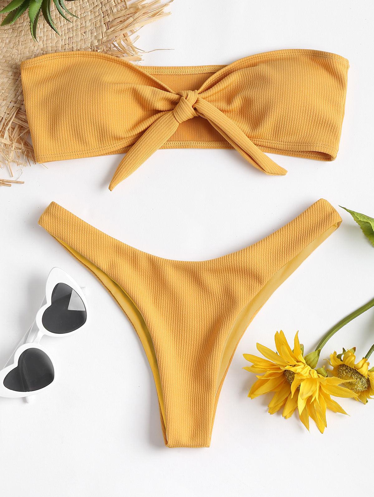 Women's Strapless Bowknot Split Bikini Swimsuit Swimming Suit For Women Women's Tie Knot Front Solid Color Bikini Set Swimsuit Bathing Suits High Cut Bikini Set Strapless Solid Color 2 Pieces Bathing Suit Stevvex