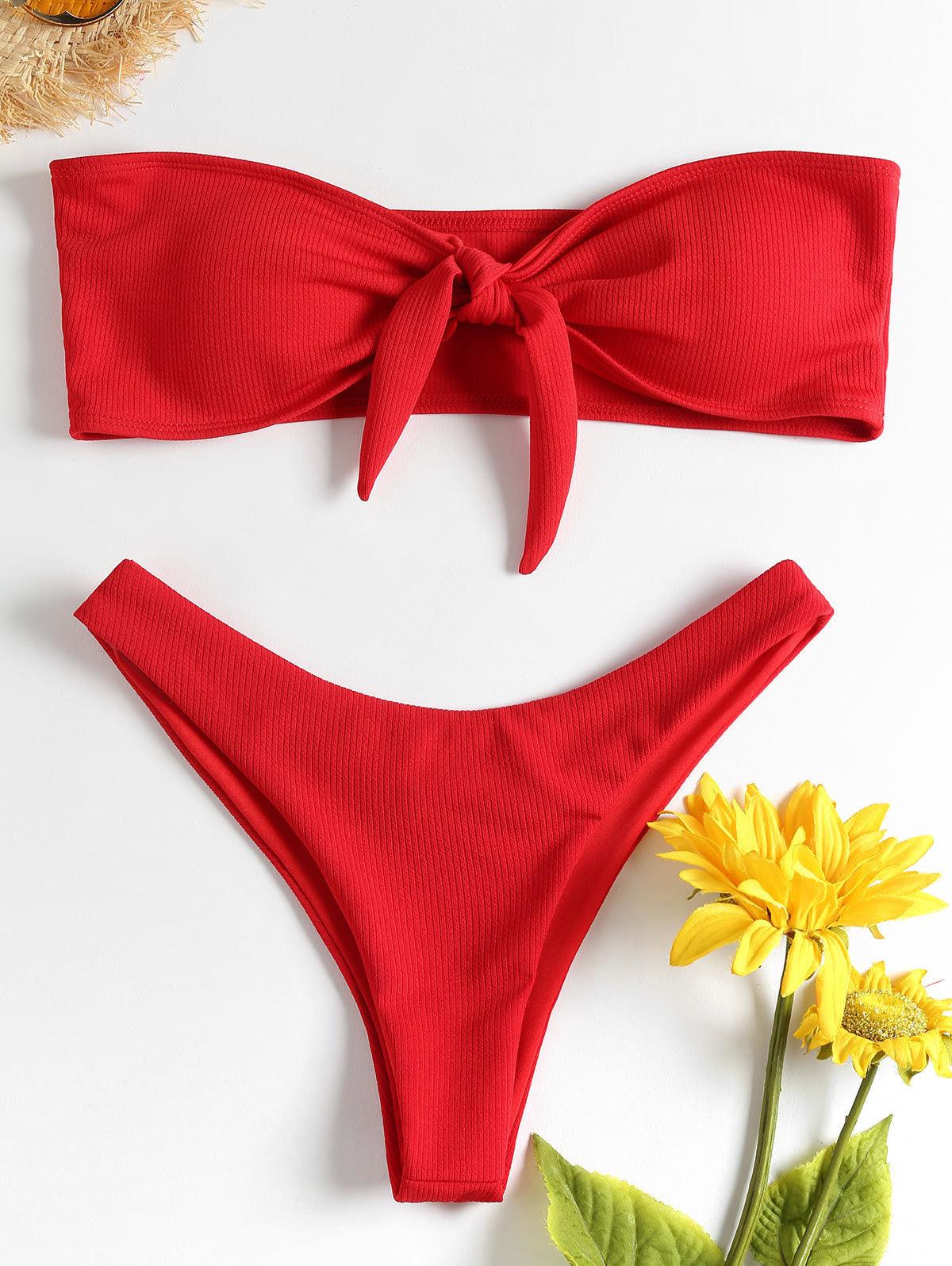 Women's Strapless Bowknot Split Bikini Swimsuit Swimming Suit For Women Women's Tie Knot Front Solid Color Bikini Set Swimsuit Bathing Suits High Cut Bikini Set Strapless Solid Color 2 Pieces Bathing Suit Stevvex