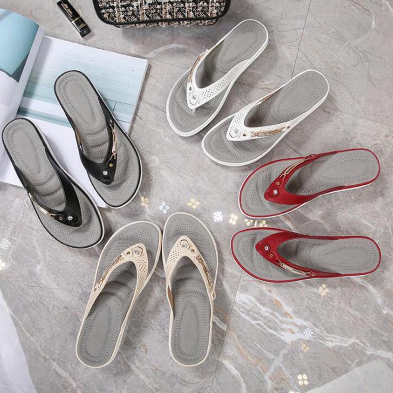 Women's Summer New Fashion Metal Button Slides Beach Shoes Modern Sandals Women Outside Platform Comfort Thong Style Flip Flops Sandals With Arch Support Thick Sole Outdoor Flip Flops Stevvex