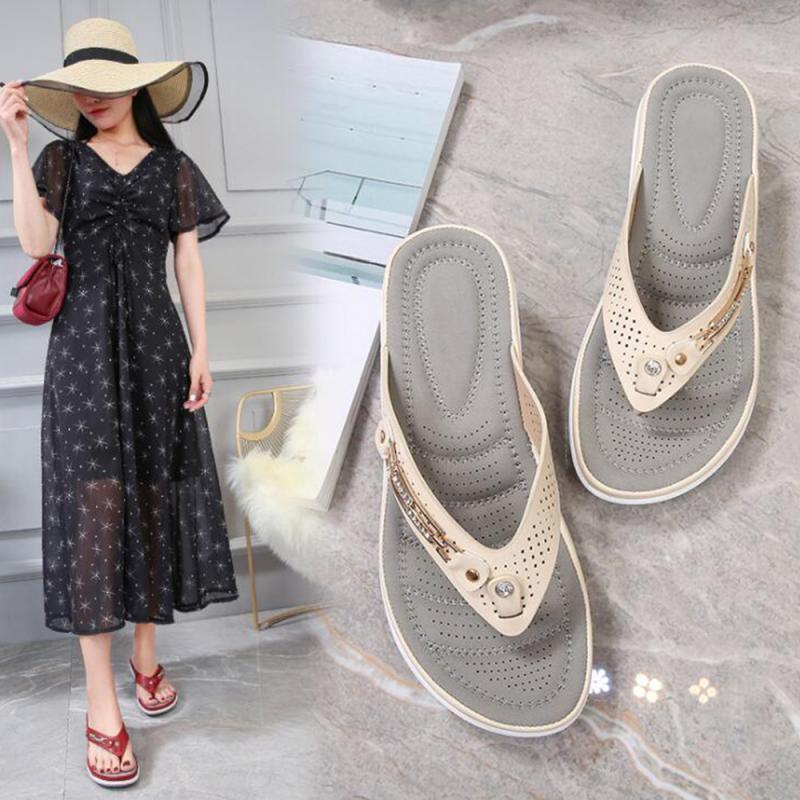 Women's Summer New Fashion Metal Button Slides Beach Shoes Modern Sandals Women Outside Platform Comfort Thong Style Flip Flops Sandals With Arch Support Thick Sole Outdoor Flip Flops Stevvex