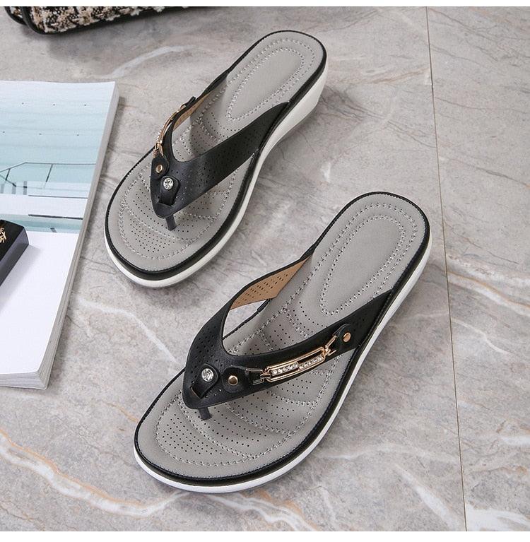 Women's Summer New Fashion Metal Button Slides Beach Shoes Modern Sandals Women Outside Platform Comfort Thong Style Flip Flops Sandals With Arch Support Thick Sole Outdoor Flip Flops Stevvex