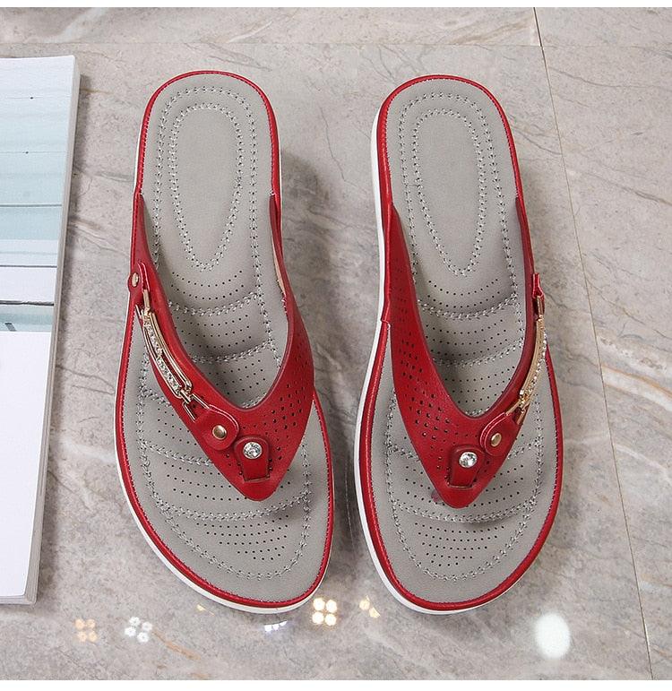 Women's Summer New Fashion Metal Button Slides Beach Shoes Modern Sandals Women Outside Platform Comfort Thong Style Flip Flops Sandals With Arch Support Thick Sole Outdoor Flip Flops Stevvex