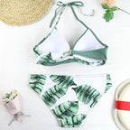 Women's Swimsuit Bikinis Set Swimwear Women's Bathing Suits Push Up Halter Bandage Bikini Floral Printing Swim Bottoms Two Piece Swimsuits Women Swimsuits Bathing Suit Women Swim Suit Halter Leaf Print Beach Wear Stevvex