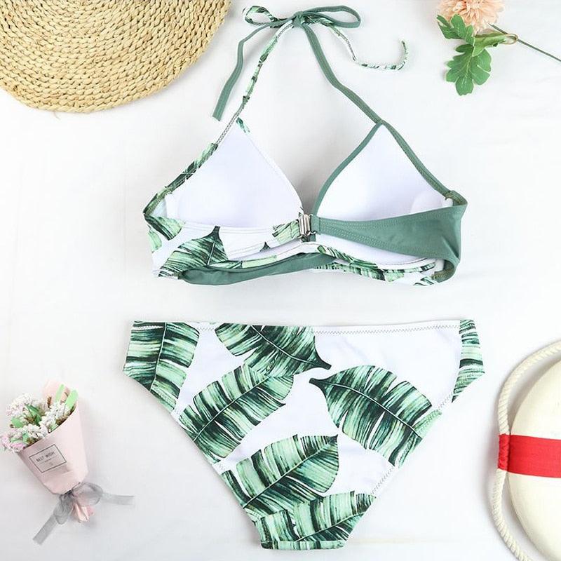 Women's Swimsuit Bikinis Set Swimwear Women's Bathing Suits Push Up Halter Bandage Bikini Floral Printing Swim Bottoms Two Piece Swimsuits Women Swimsuits Bathing Suit Women Swim Suit Halter Leaf Print Beach Wear Stevvex