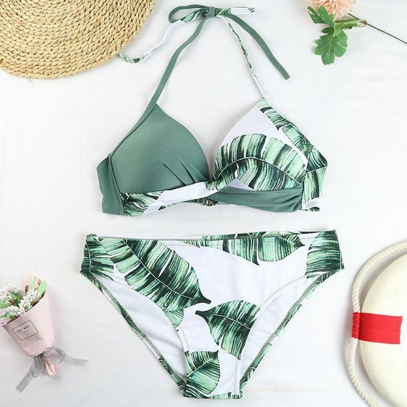 Women's Swimsuit Bikinis Set Swimwear Women's Bathing Suits Push Up Halter Bandage Bikini Floral Printing Swim Bottoms Two Piece Swimsuits Women Swimsuits Bathing Suit Women Swim Suit Halter Leaf Print Beach Wear Stevvex