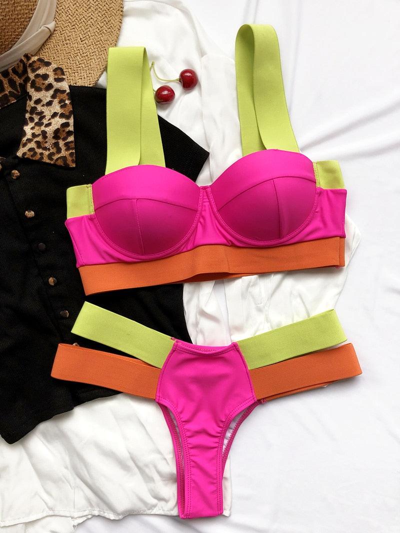 Women's Swimsuits Swimwear Patchwork Bikini Woman Push up Bikinis Swimsuit Bathing Suits Women Rave Neon Patchwork Bikini Swimsuit 2 Piece Cutout Molded Push Up Bathing Suit Stevvex