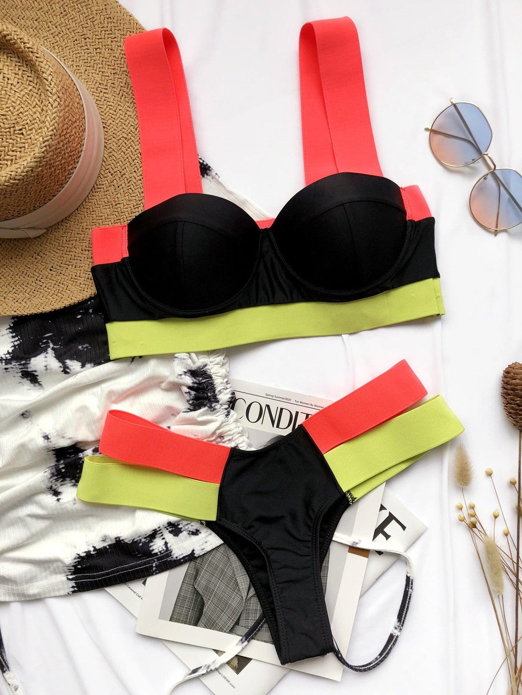 Women's Swimsuits Swimwear Patchwork Bikini Woman Push up Bikinis Swimsuit Bathing Suits Women Rave Neon Patchwork Bikini Swimsuit 2 Piece Cutout Molded Push Up Bathing Suit Stevvex