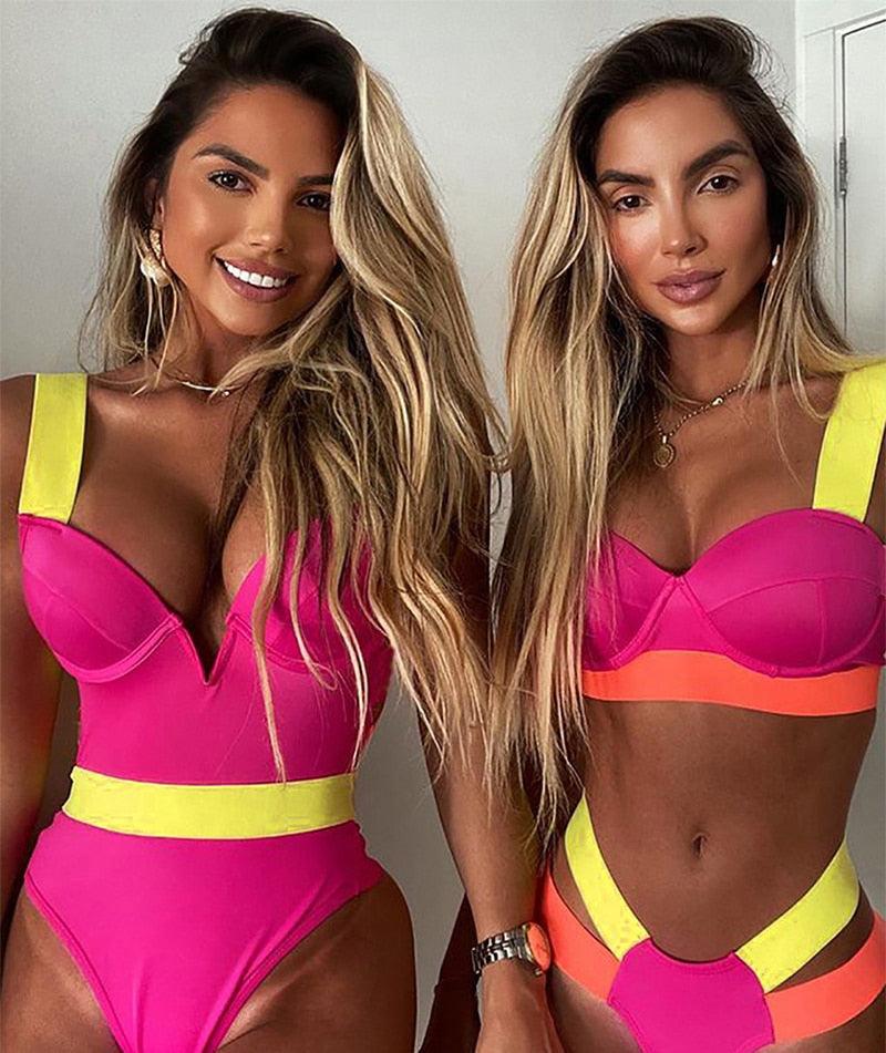 Women's Swimsuits Swimwear Patchwork Bikini Woman Push up Bikinis Swimsuit Bathing Suits Women Rave Neon Patchwork Bikini Swimsuit 2 Piece Cutout Molded Push Up Bathing Suit Stevvex