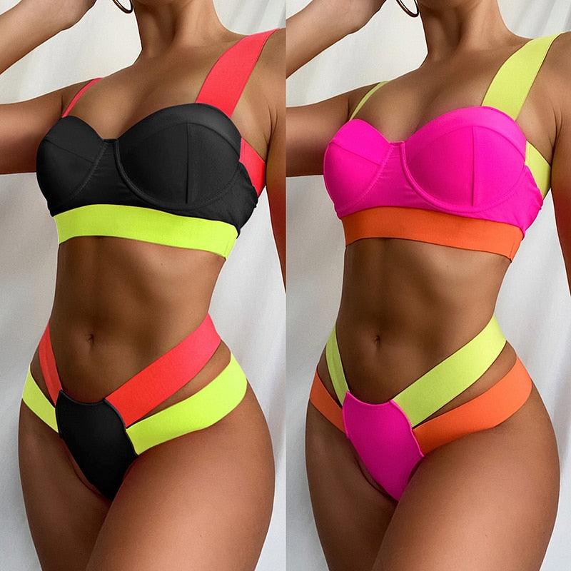 Women's Swimsuits Swimwear Patchwork Bikini Woman Push up Bikinis Swimsuit Bathing Suits Women Rave Neon Patchwork Bikini Swimsuit 2 Piece Cutout Molded Push Up Bathing Suit Stevvex