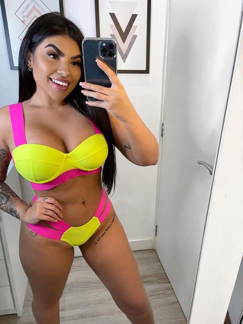 Women's Swimsuits Swimwear Patchwork Bikini Woman Push up Bikinis Swimsuit Bathing Suits Women Rave Neon Patchwork Bikini Swimsuit 2 Piece Cutout Molded Push Up Bathing Suit Stevvex