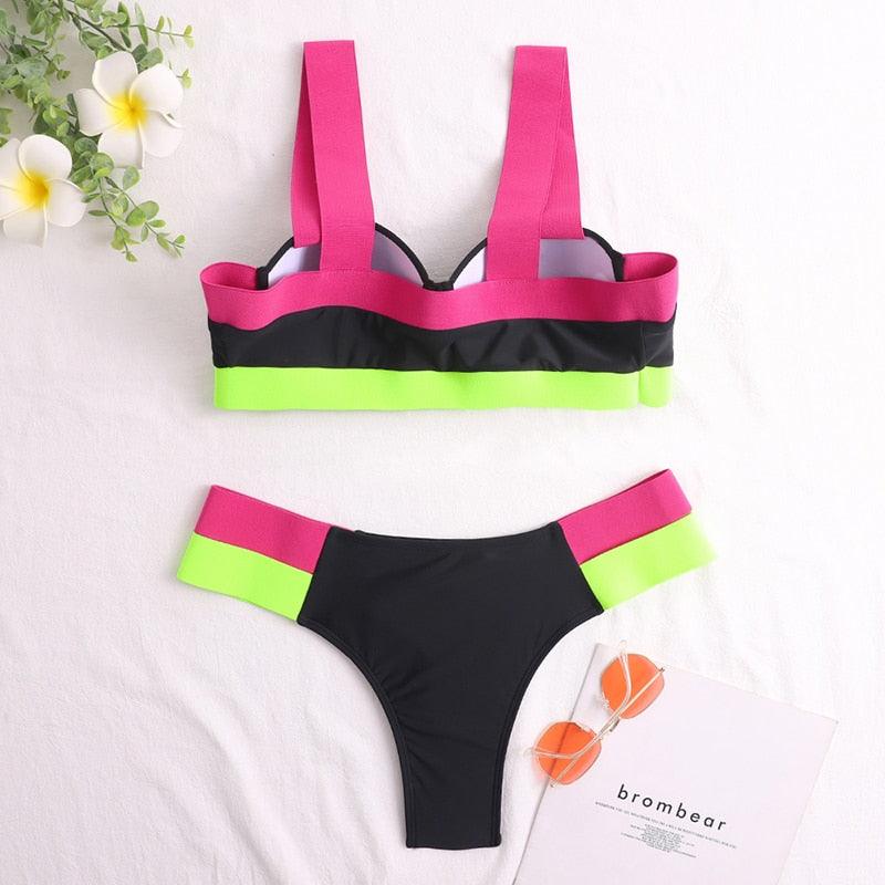 Women's Swimsuits Swimwear Patchwork Bikini Woman Push up Bikinis Swimsuit Bathing Suits Women Rave Neon Patchwork Bikini Swimsuit 2 Piece Cutout Molded Push Up Bathing Suit Stevvex
