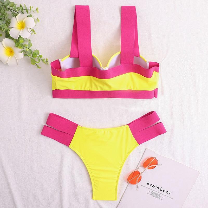 Women's Swimsuits Swimwear Patchwork Bikini Woman Push up Bikinis Swimsuit Bathing Suits Women Rave Neon Patchwork Bikini Swimsuit 2 Piece Cutout Molded Push Up Bathing Suit Stevvex