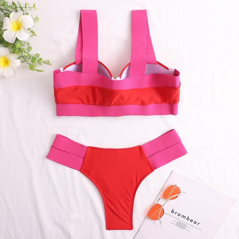Women's Swimsuits Swimwear Patchwork Bikini Woman Push up Bikinis Swimsuit Bathing Suits Women Rave Neon Patchwork Bikini Swimsuit 2 Piece Cutout Molded Push Up Bathing Suit Stevvex