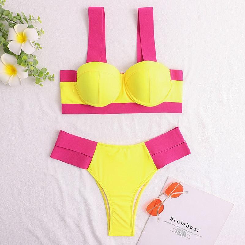 Women's Swimsuits Swimwear Patchwork Bikini Woman Push up Bikinis Swimsuit Bathing Suits Women Rave Neon Patchwork Bikini Swimsuit 2 Piece Cutout Molded Push Up Bathing Suit Stevvex