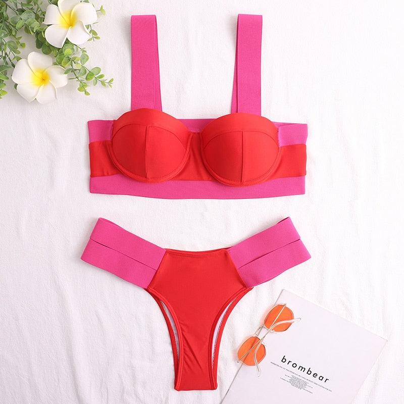 Women's Swimsuits Swimwear Patchwork Bikini Woman Push up Bikinis Swimsuit Bathing Suits Women Rave Neon Patchwork Bikini Swimsuit 2 Piece Cutout Molded Push Up Bathing Suit Stevvex