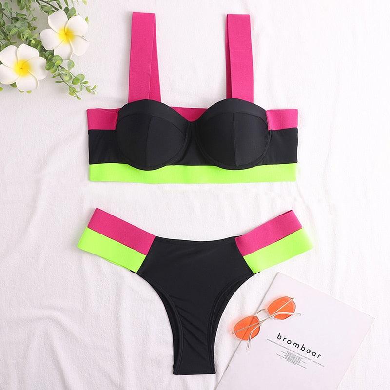 Women's Swimsuits Swimwear Patchwork Bikini Woman Push up Bikinis Swimsuit Bathing Suits Women Rave Neon Patchwork Bikini Swimsuit 2 Piece Cutout Molded Push Up Bathing Suit Stevvex