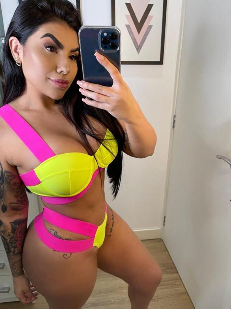 Women's Swimsuits Swimwear Patchwork Bikini Woman Push up Bikinis Swimsuit Bathing Suits Women Rave Neon Patchwork Bikini Swimsuit 2 Piece Cutout Molded Push Up Bathing Suit Stevvex