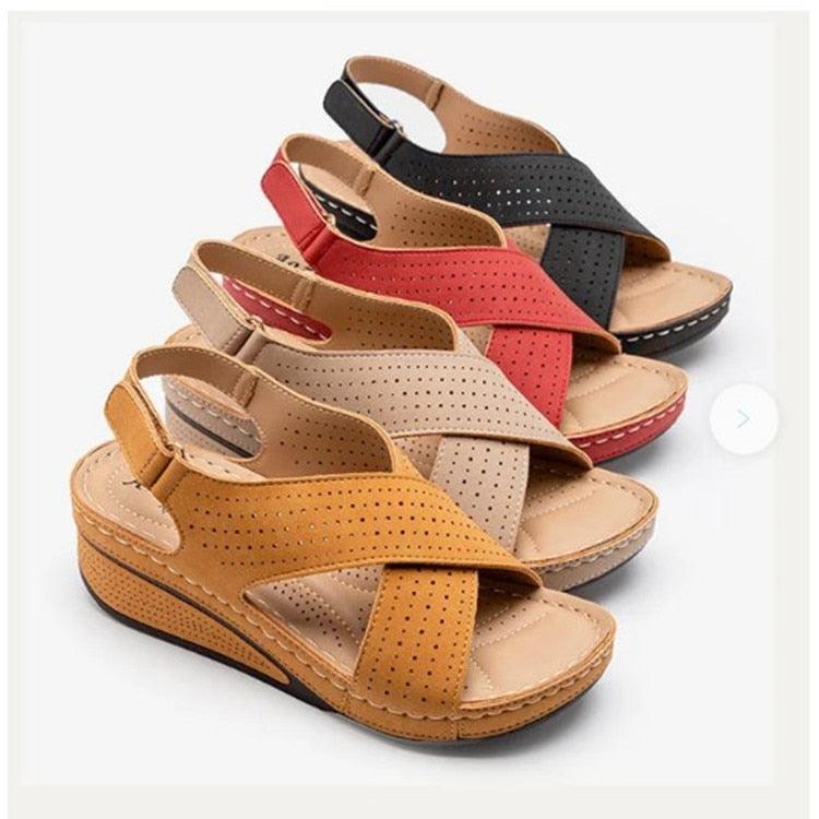 Women Sandals New Summer Shoes Woman Sewing Hollow Out  Casual Leather Comfortable Retro Sandals Cutout Leather Crisscross Open Toe Women Casual Summer Platform Walking Shoes Stevvex