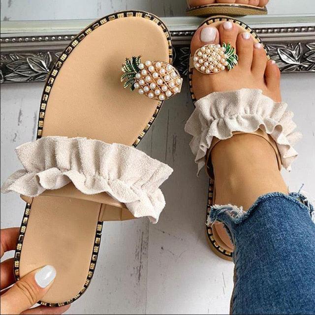 Women Sandals Slippers Flat Flip Flops String Bead Summer Fashion Woman Slides Elegant Pineapple Slides Flat Sandals Strappy Slides Sandals Open Toe Summer Beach Outdoor Shoes Stevvex