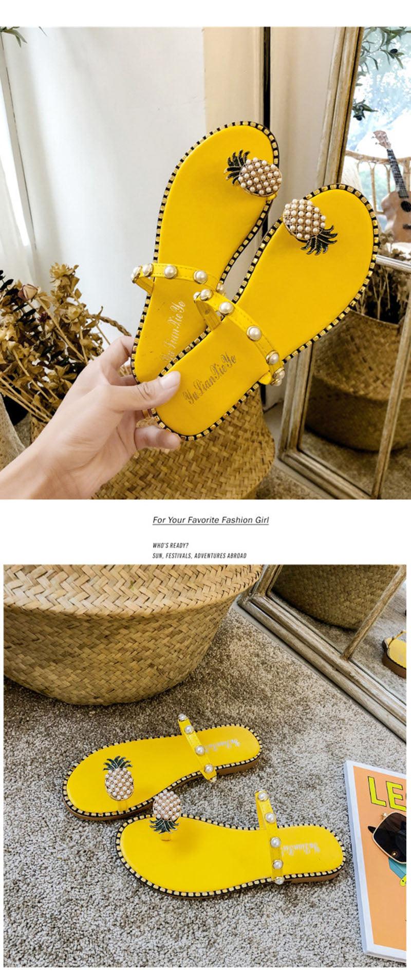 Women Sandals Slippers Flat Flip Flops String Bead Summer Fashion Woman Slides Elegant Pineapple Slides Flat Sandals Strappy Slides Sandals Open Toe Summer Beach Outdoor Shoes Stevvex