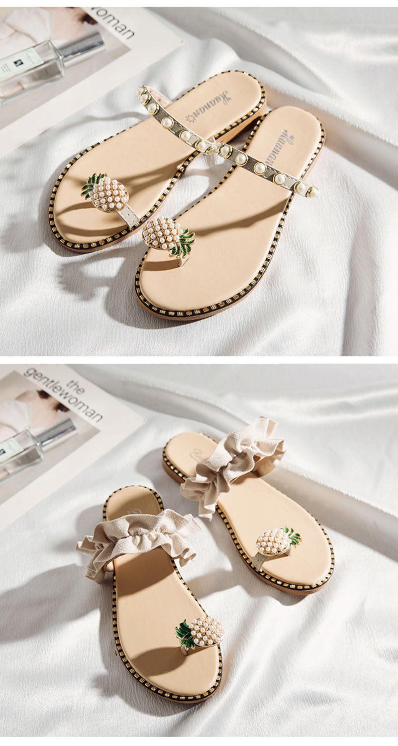 Women Sandals Slippers Flat Flip Flops String Bead Summer Fashion Woman Slides Elegant Pineapple Slides Flat Sandals Strappy Slides Sandals Open Toe Summer Beach Outdoor Shoes Stevvex