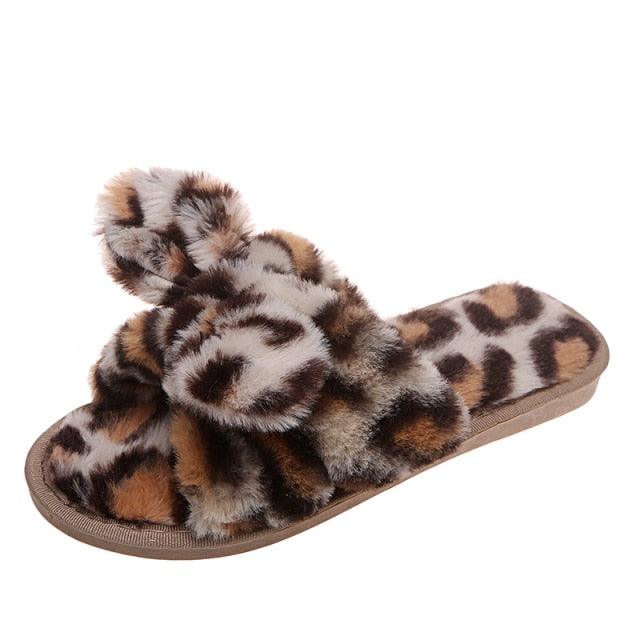 Women Slippers Winter Shoes Home Slippers Faux Fur Slippers Leopard Print Bow Decoration Shoes Faux Fur Slippers Warm Flip Flop House Slippers Open Toe Home Slippers For Girls Stevvex
