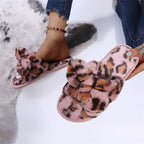Women Slippers Winter Shoes Home Slippers Faux Fur Slippers Leopard Print Bow Decoration Shoes Faux Fur Slippers Warm Flip Flop House Slippers Open Toe Home Slippers For Girls Stevvex